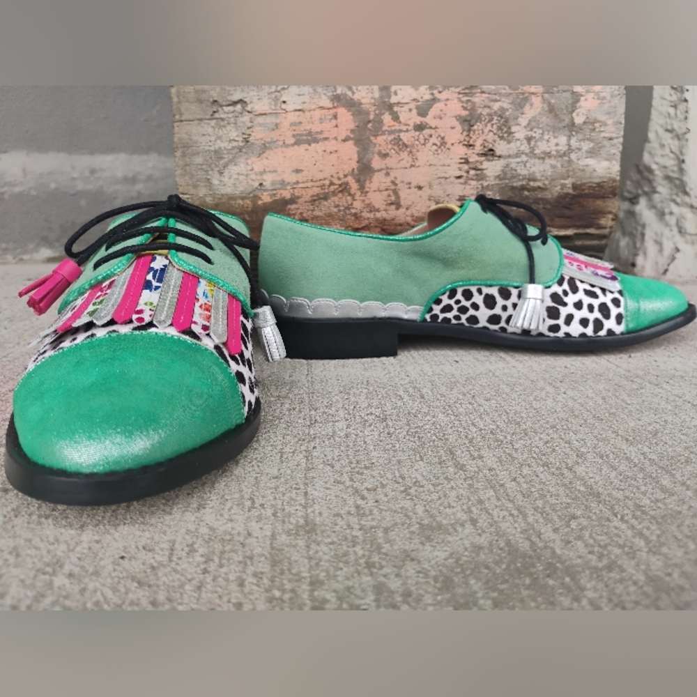 Green Multicolor Handmade Leather Suede Cow Print Oxford Fringe Shoes Size 6-8.5 - Picture 3 of 13